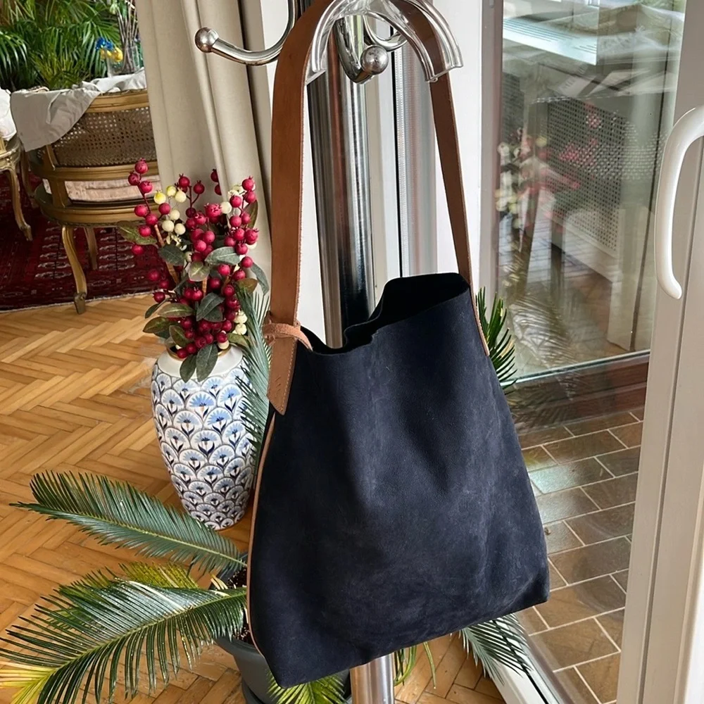 Navy Blue Suede Hobo Shoulder Bag with Tan Strap